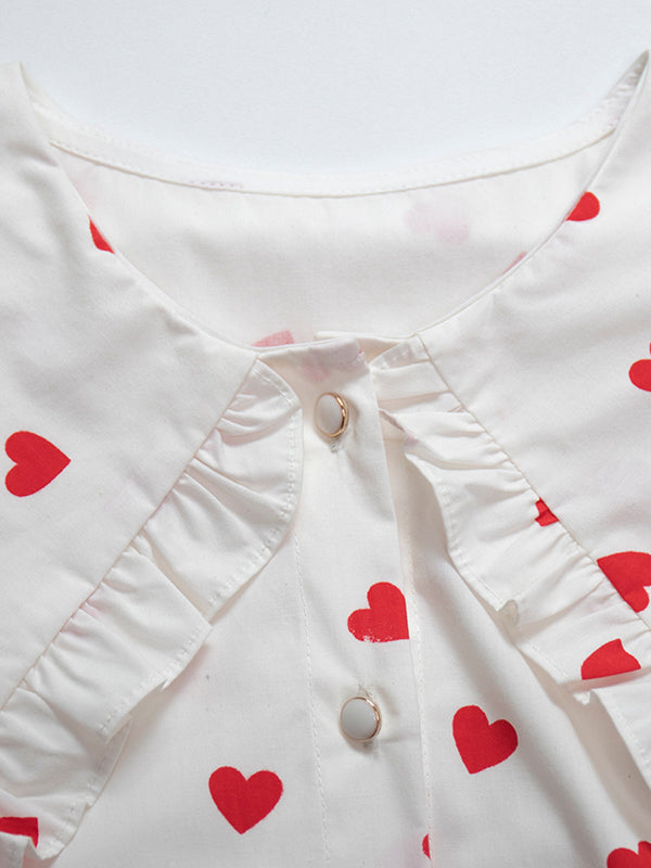 Loose Contrast Color Doll Collar Heart Print Blouses&Shirts Tops