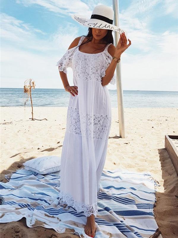Spaghetti-Strap Lace Hollow Solid Beach Swimwear Maxi Dresses