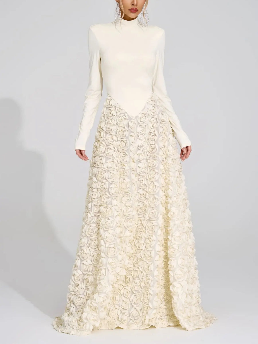 Vivienne 3D Rose High-Neck Long-Sleeve Maxi Dress