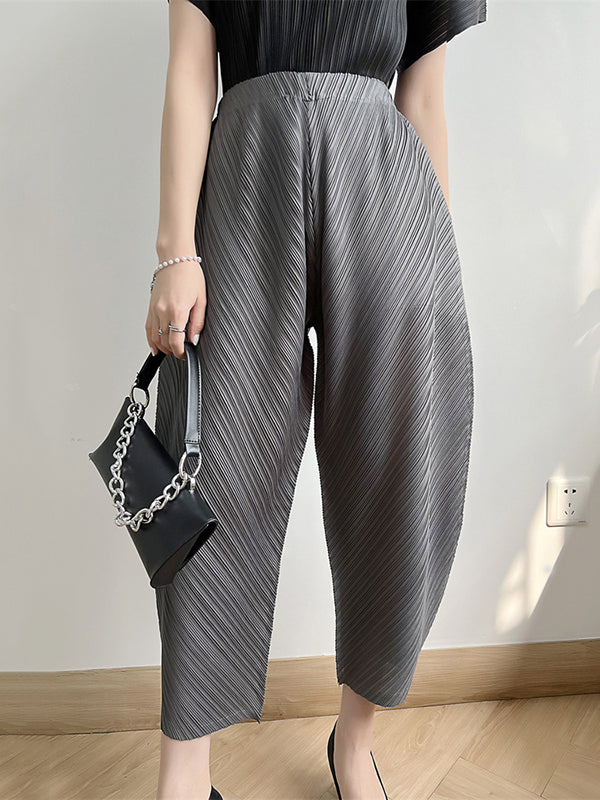 Harem Pants High Waisted Elasticity Pleated Solid Color Split-Joint Ninth Pants Pants Trousers