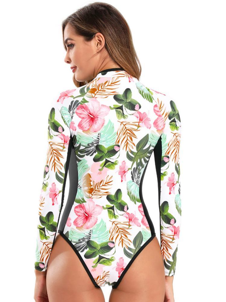 One Piece Wetsuit Swimsuit Women'S Sexy Sport Long Sleeve Printed Surf Swimsuit Monokini