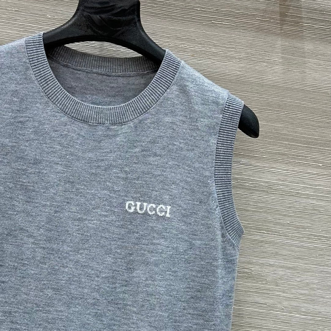 Gucci 2025 Logo Embroidered Knitted Vest Top Gray Wool