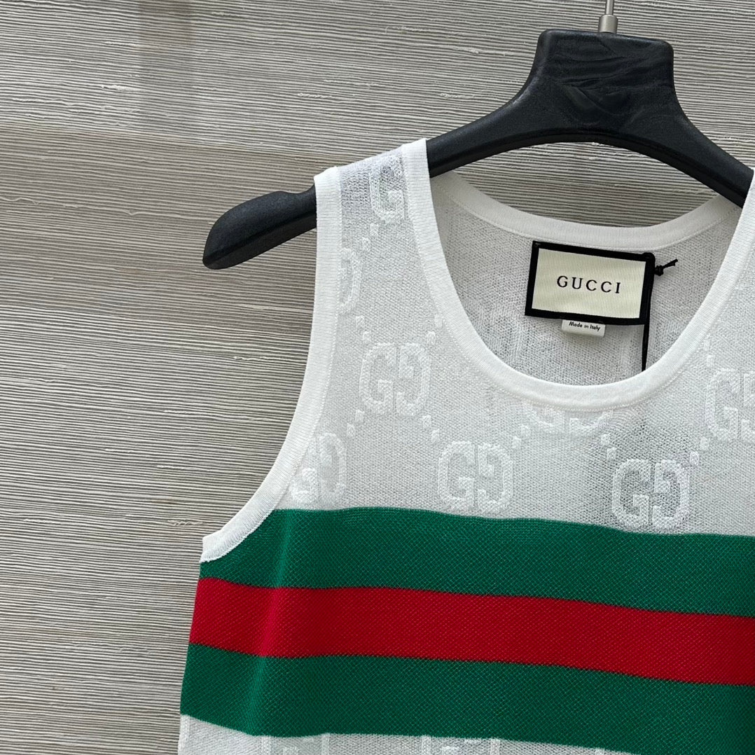 Gucci 25 Embroidered Jacquard Mesh Vest Top White Tencel