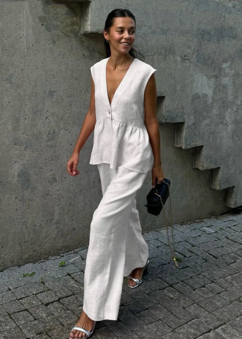 Flowy Sleeveless Linen Top And Wide Leg Pants Set