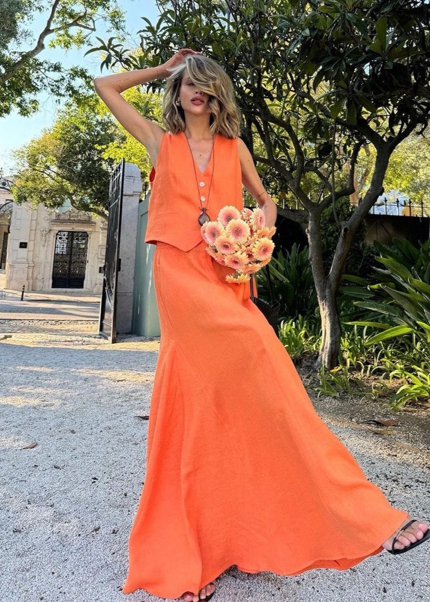 Sleeveless Linen Vest And Maxi Skirt Set In Orange