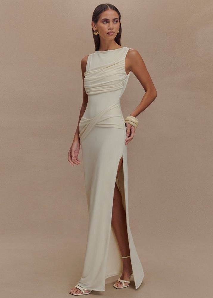 Champagne Sleeveless Maxi Gown With Draped Open Back