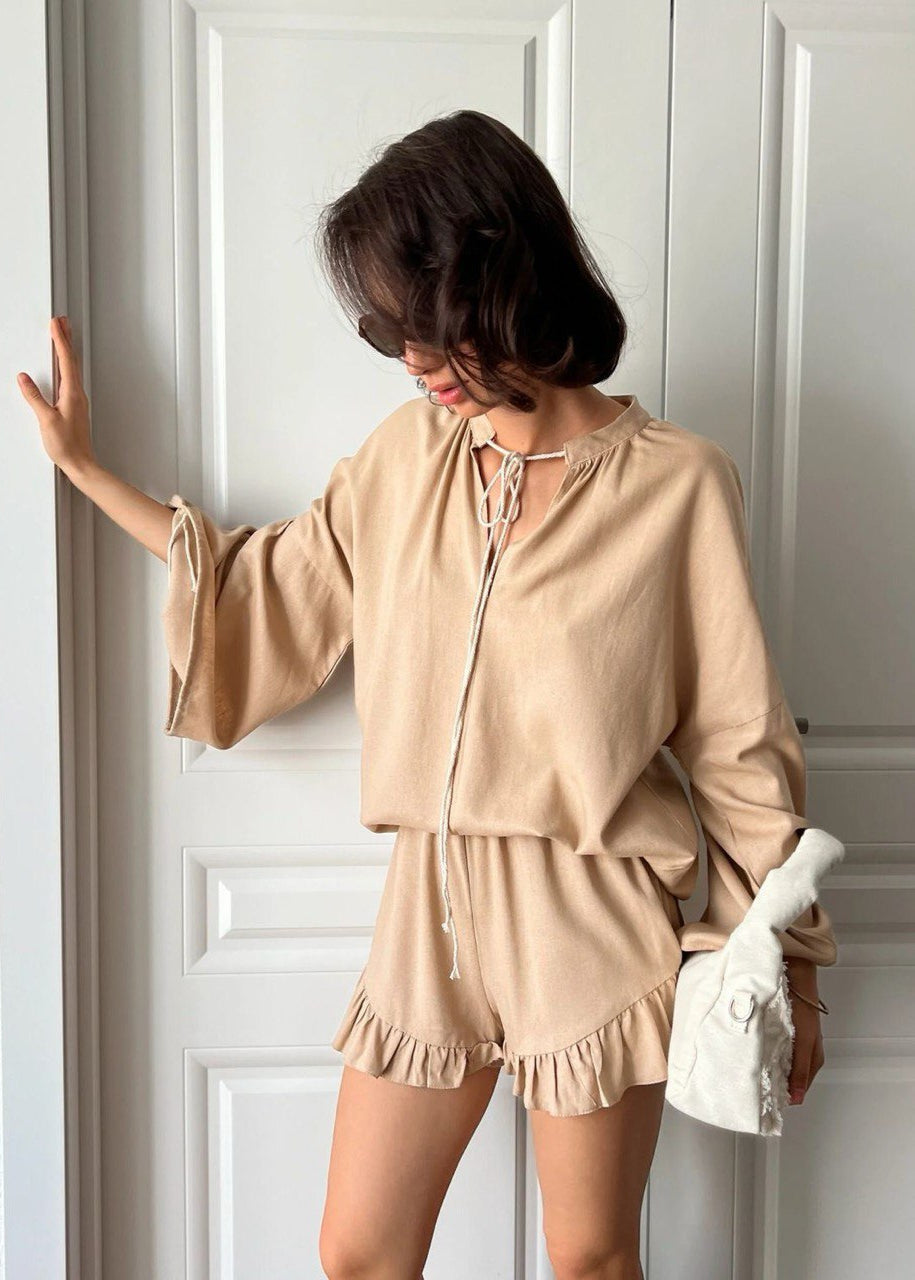 Lounge Set Breathable Fabric Long Sleeve Top Ruffled Shorts
