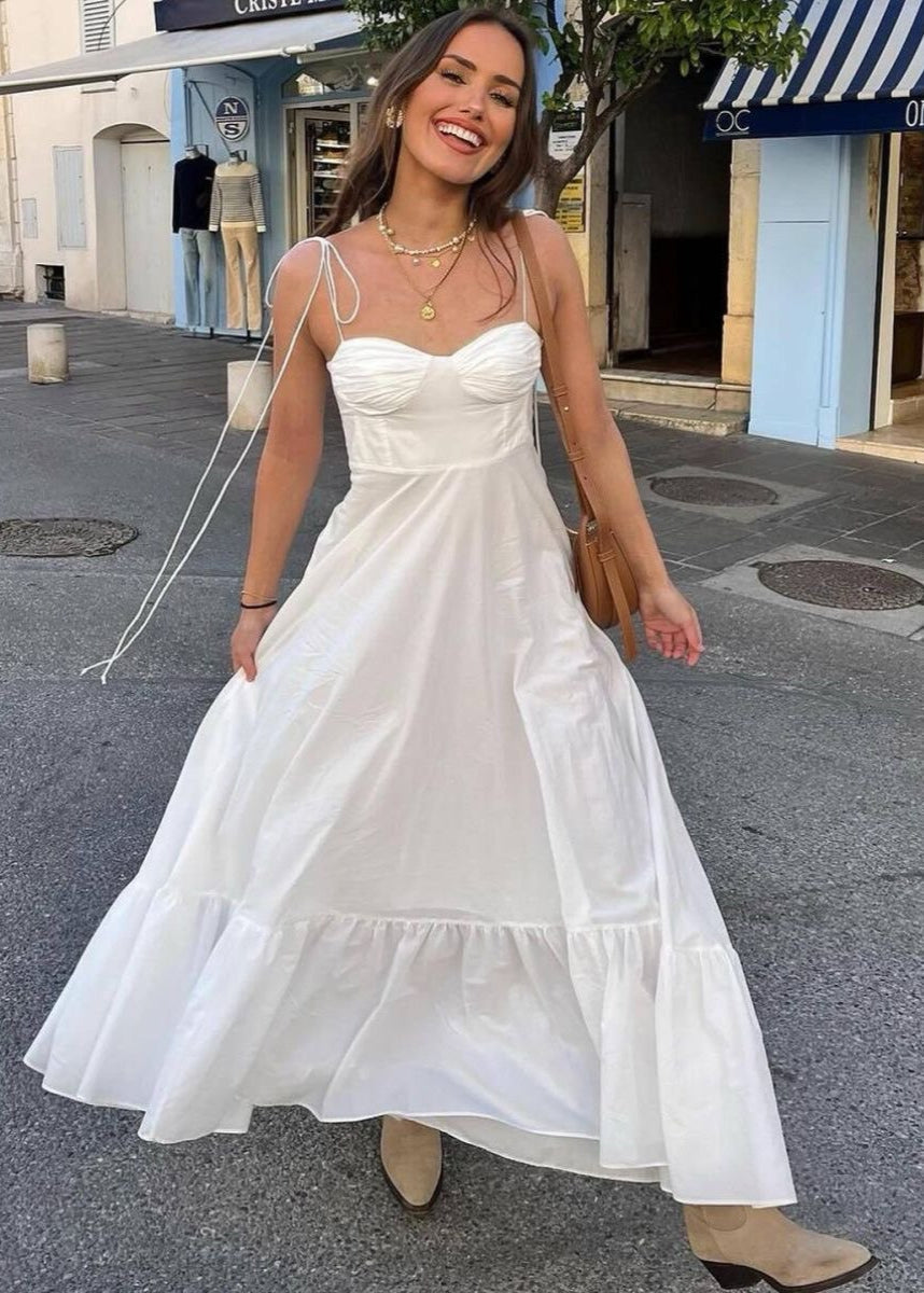 Flowy Polyester Maxi Dress with Tie Straps