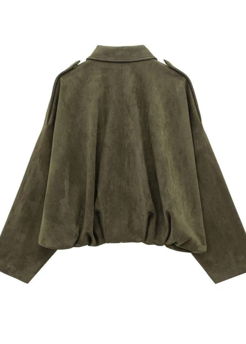 Oversized Faux Suede Zip Jacket With Gathered Hem
