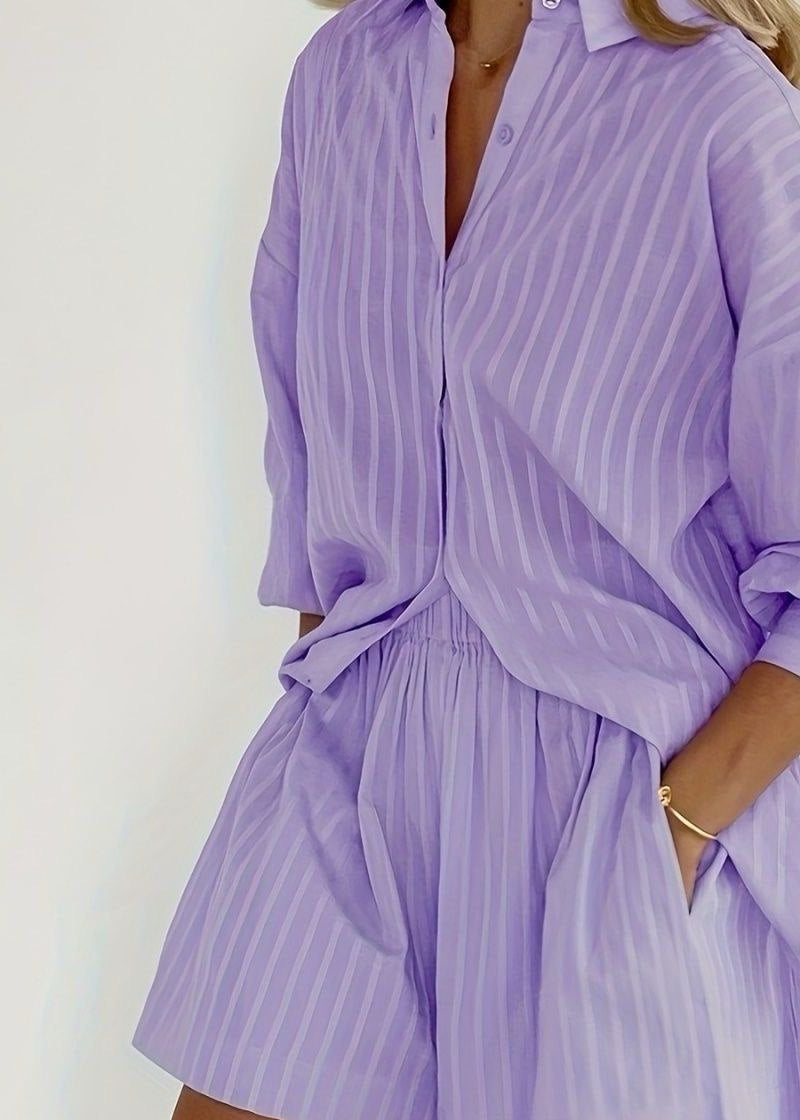 Striped Cotton Shirt And Shorts Set Purple
