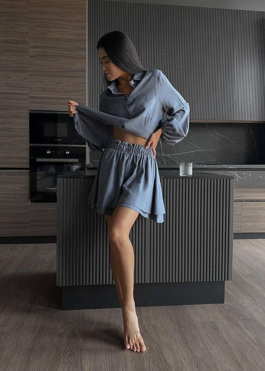 Crinkled Polyester Lounge Set Tie Front Shirt High Waist Shorts