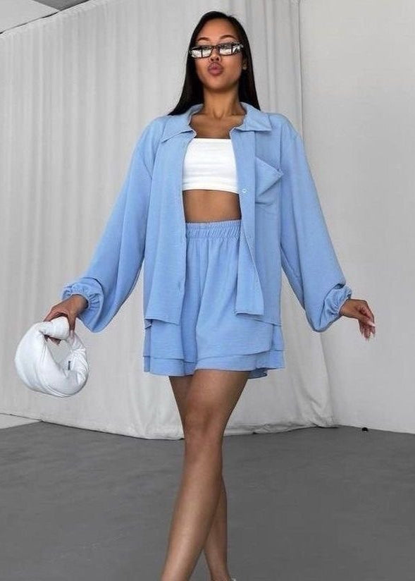 Oversized Button Shirt And Elastic Shorts Set In Soft Blue Polyester
