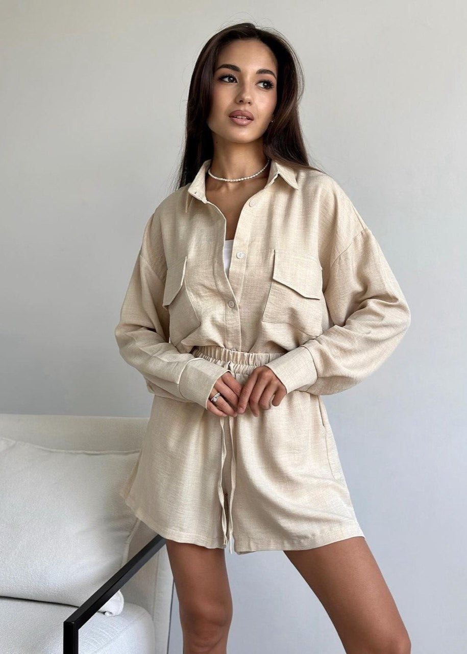 Button Down Shirt And Drawstring Shorts Set Cotton Polyester Blend