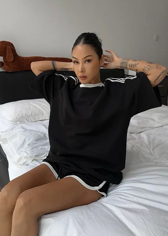 Relaxed Cotton Polyester Tee With Drawstring Shorts