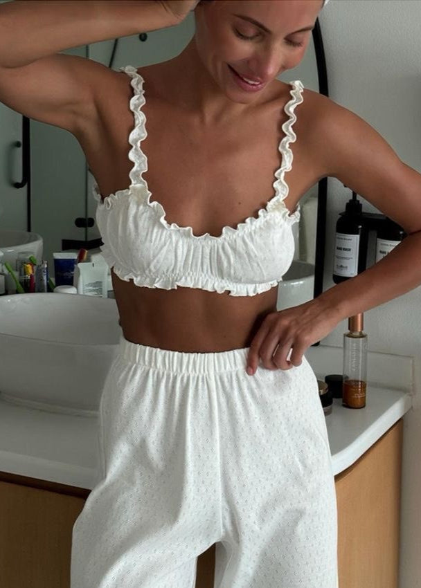 Ruffled Cotton Crop Top With Wide Leg Pants