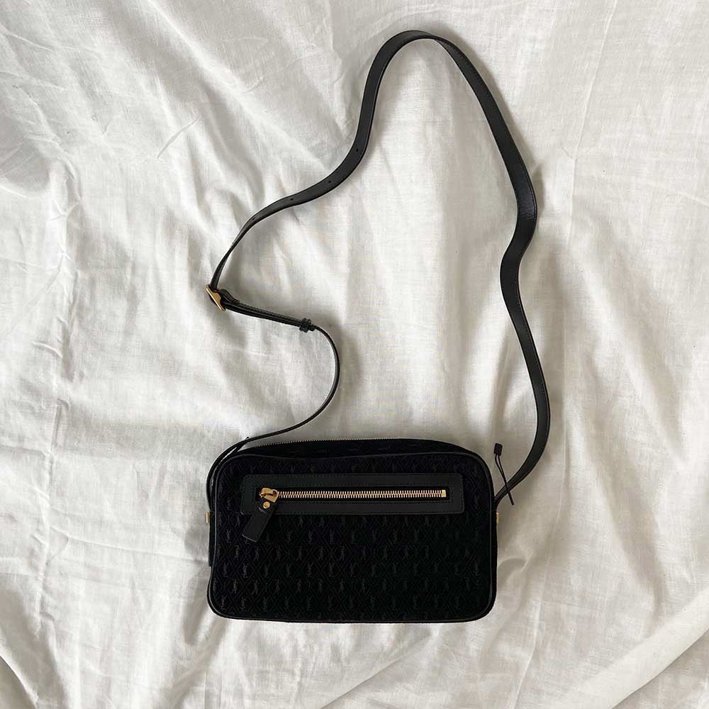 Saint Laurent Monogram Debossed Suede Camera Crossbody Bag