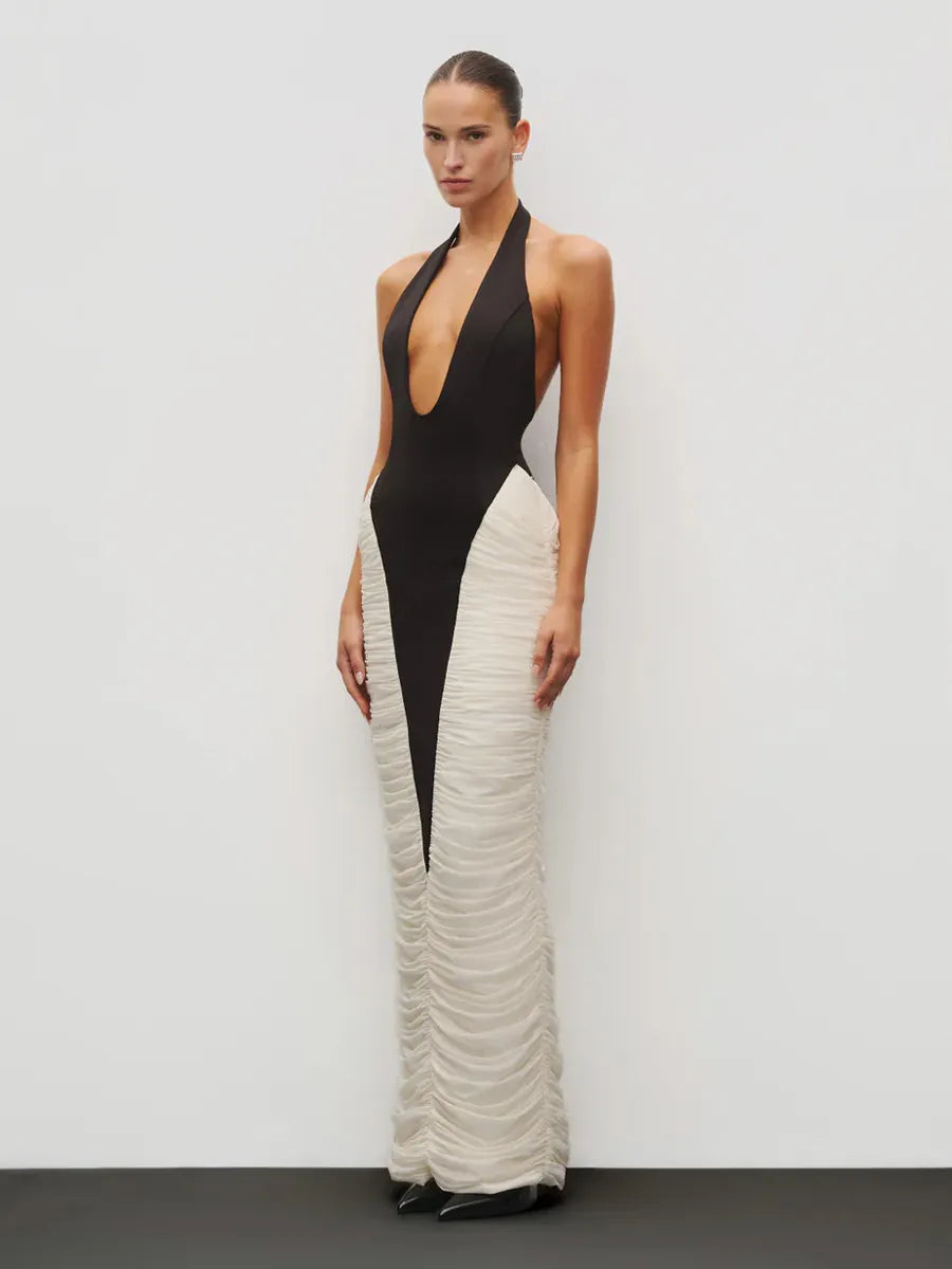 Mia Deep V-Neck Contrast Panel Evening Dress