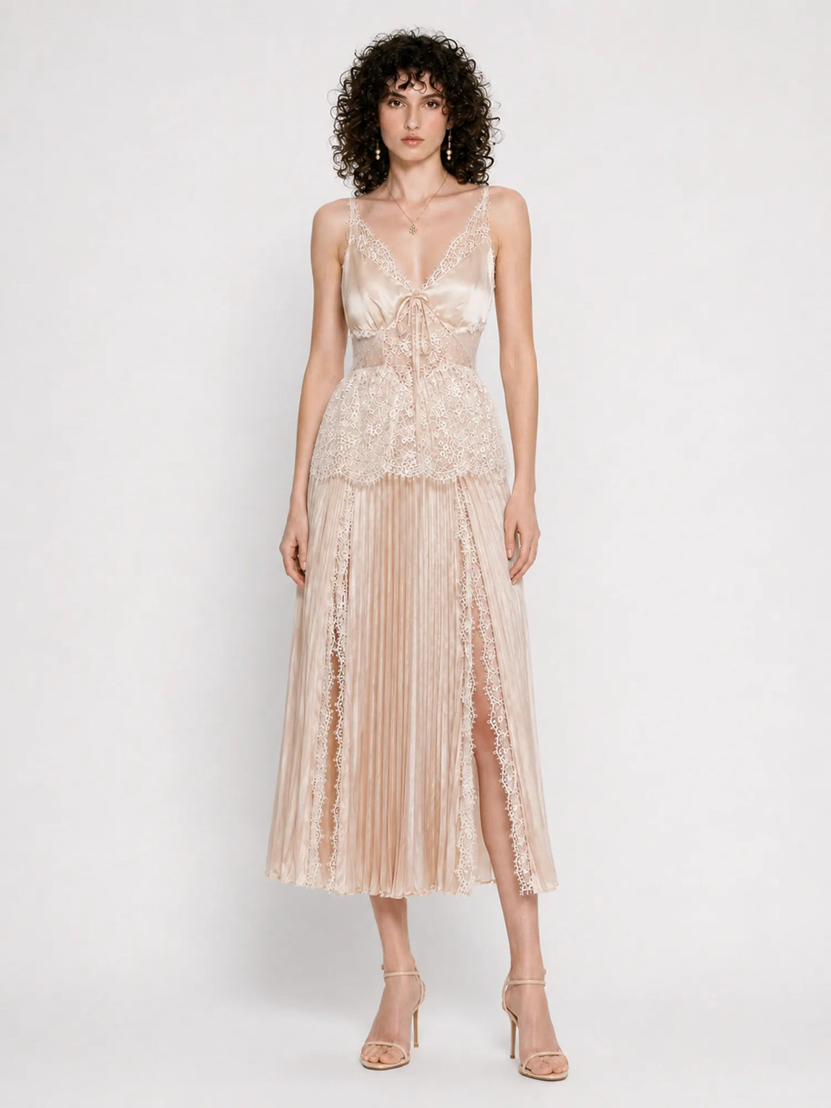 Zora Lace and Satin Panel Midi Dress