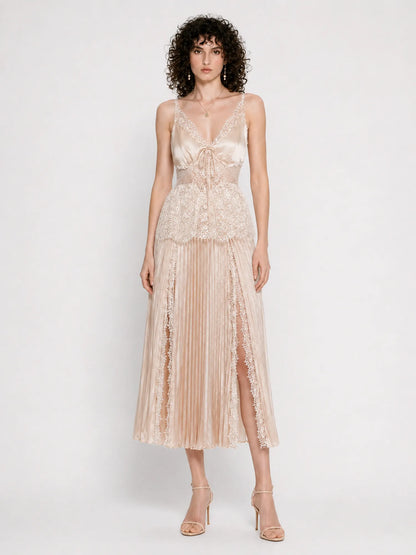 Zora Lace and Satin Panel Midi Dress
