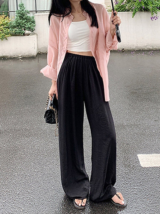 High Waisted Loose Elasticity Pleated Pockets Solid Color Pants