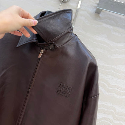 Miu SS26 Nappa Leather Blouson Jacket Marrone Lambskin 348080