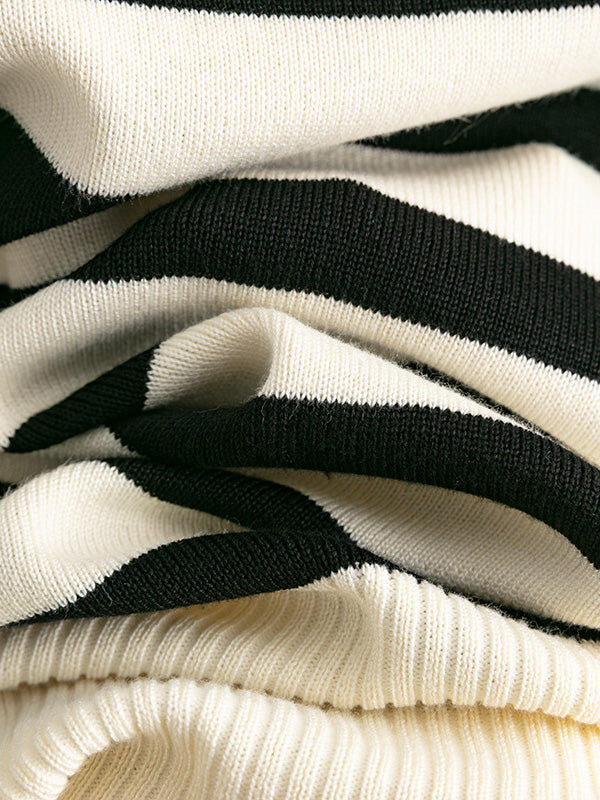 Long Sleeves Loose Contrast Color Split-Joint Striped Patterns High Neck Sweater Tops