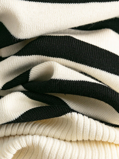 Long Sleeves Loose Contrast Color Split-Joint Striped Patterns High Neck Sweater Tops