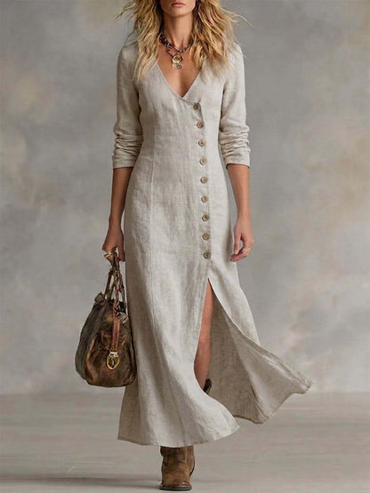 Long Multi-Button Fashion Cotton And Linen Dresses