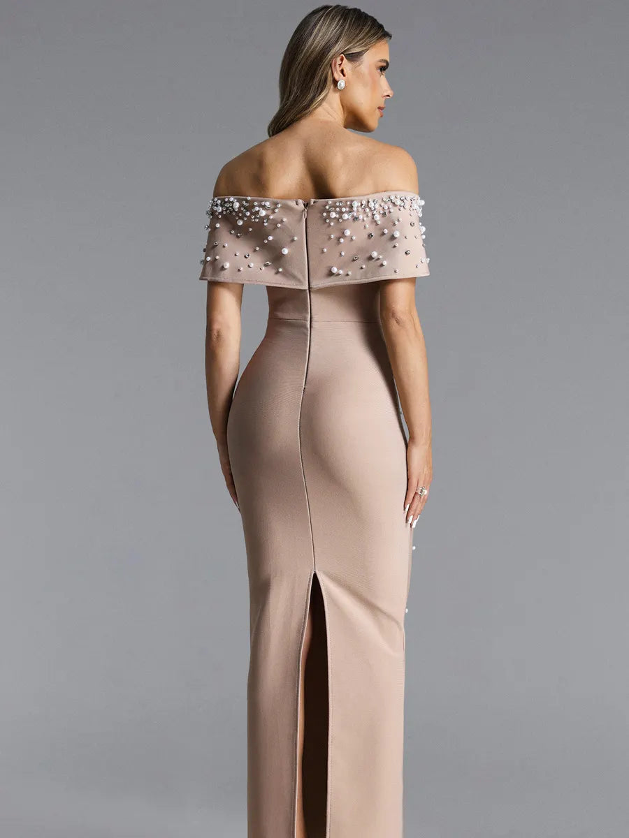 Giselle Off Shoulder Pearl Rhinestone Bandage Maxi Dress