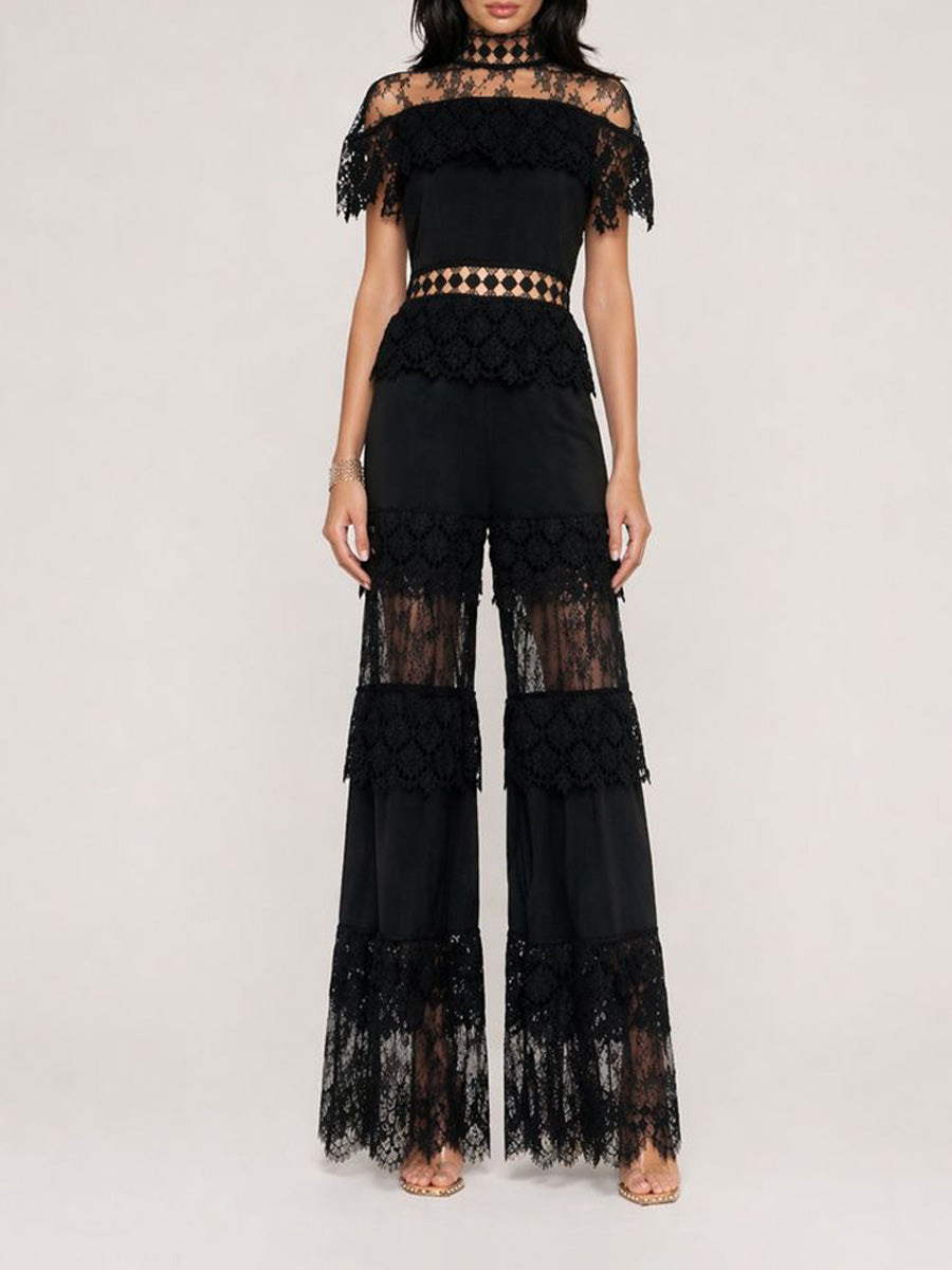 Ivana Elegant High-Neck Ruffled Short-Sleeved Lace Set