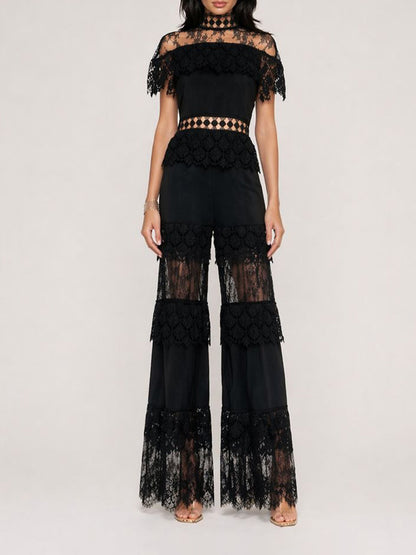 Ivana Elegant High-Neck Ruffled Short-Sleeved Lace Set