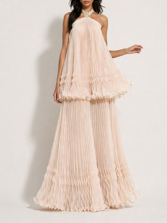 Kaia Halter-Neck Pleated Tiered Maxi Dress