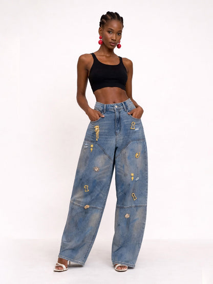 Esmeralda Irregular Metal Button Jeans