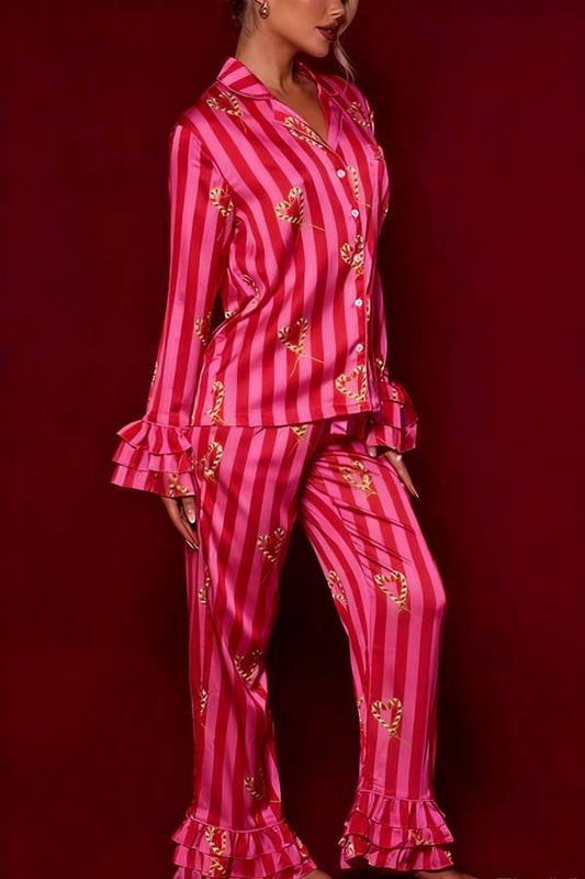 Festive Season Long Candy Stripe Tiered Bell Cuffs Elastic Waist Pocketed Pajama Set