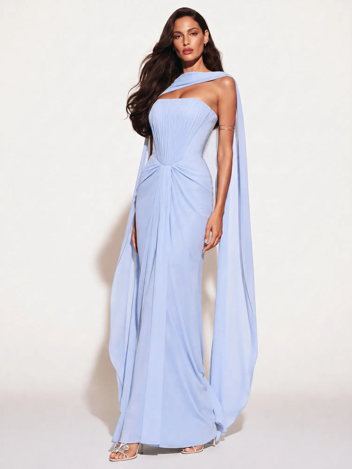 Ellie Pleated Strapless Draped Maxi Dress