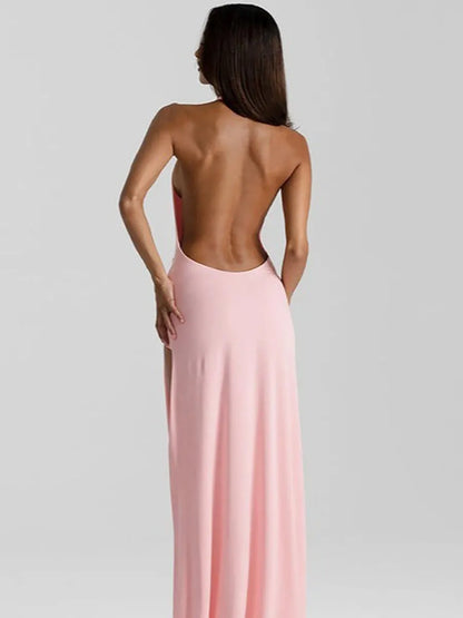 Aurora Solid Halter Deep V Backless Slit Floor Maxi Dress