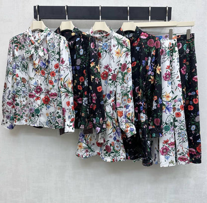 GG SS26 Flora Printed Collared Shirt Black Multicolor Silk 351779