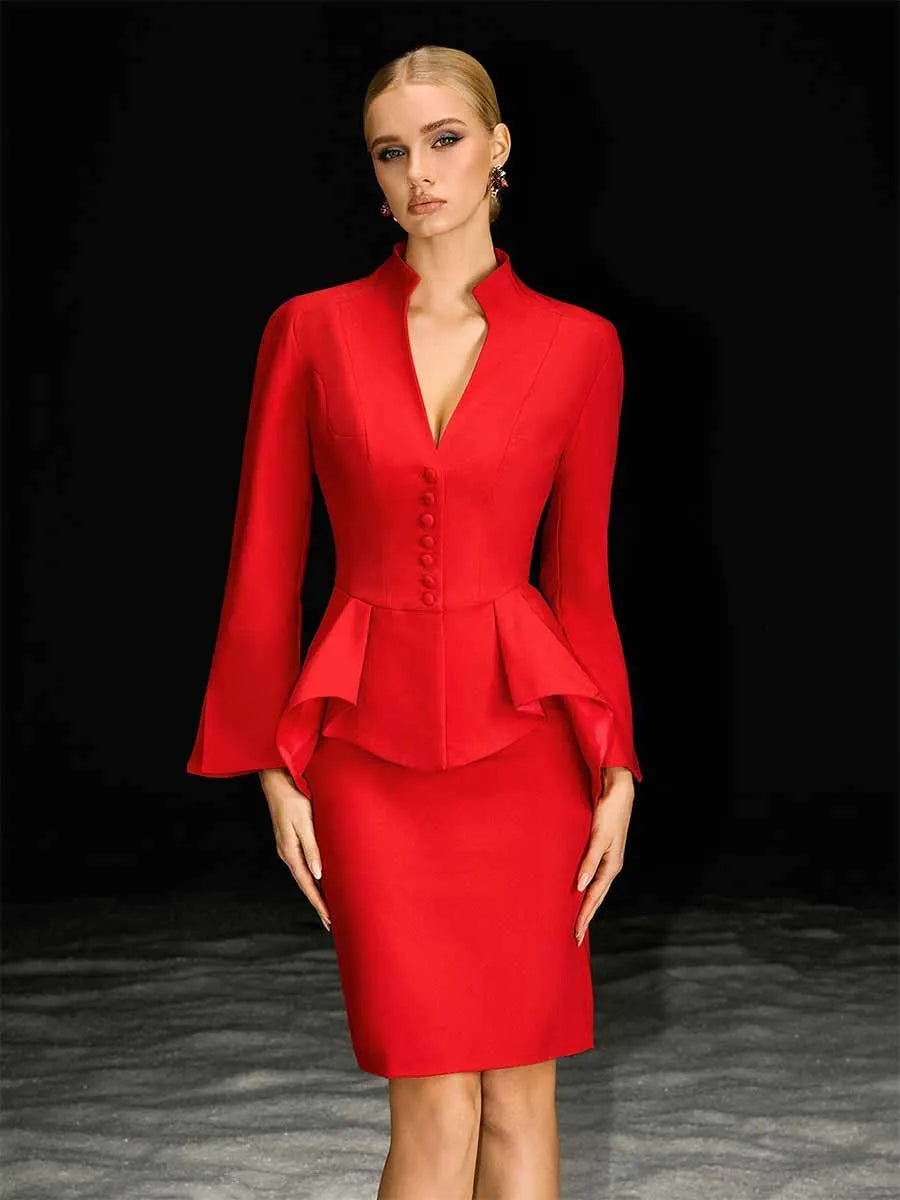 Celeste V Neck Button Skirt Set
