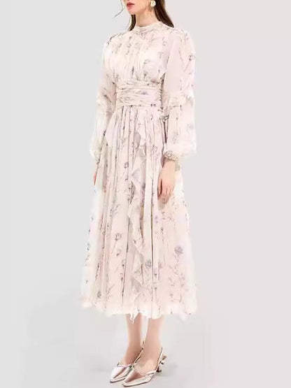 Floral Printed Long Sleeves Ruffled Elegant Chiffon Maxi Dresses