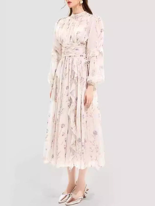 Floral Printed Long Sleeves Ruffled Elegant Chiffon Maxi Dresses