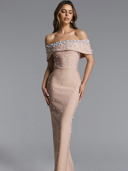 Giselle Off Shoulder Pearl Rhinestone Bandage Maxi Dress