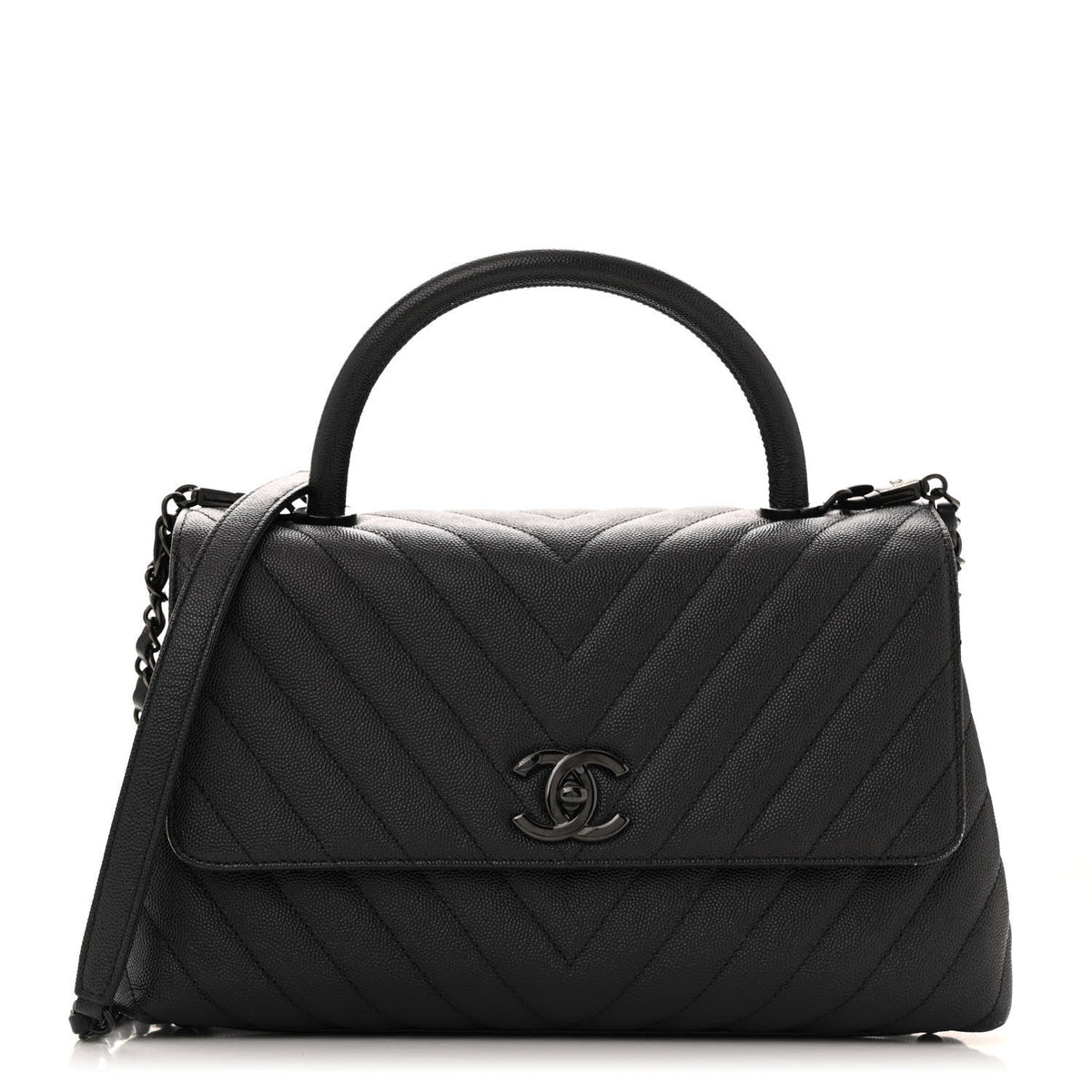Caviar Chevron Quilted Small Coco Handle Flap So Black