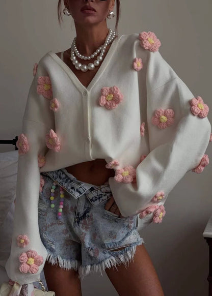3D Floral Knit Cardigan With V Neck