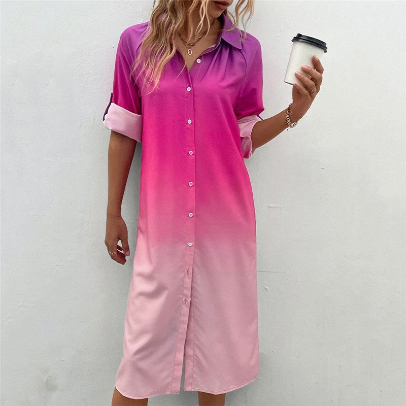 Loose Lapel Cardigan Buttoned Ombre Dress