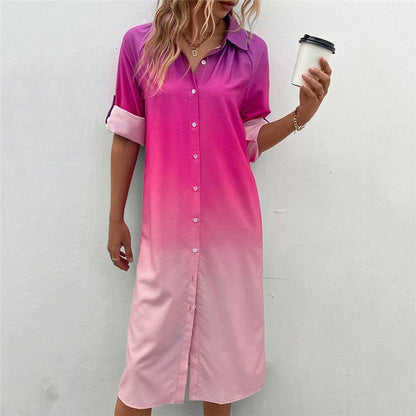Loose Lapel Cardigan Buttoned Ombre Dress