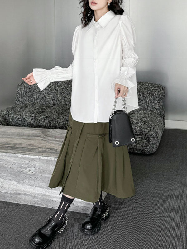 Puff Sleeves Pleated Solid Color Split-Joint Lapel Blouses