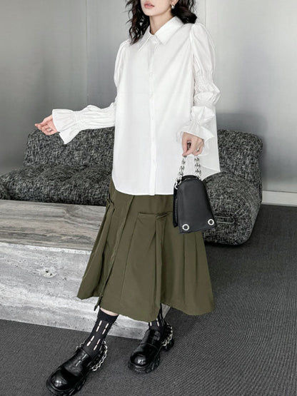 Puff Sleeves Pleated Solid Color Split-Joint Lapel Blouses