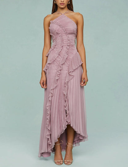 Flounce Pleated Halter Irregular Midi Dress