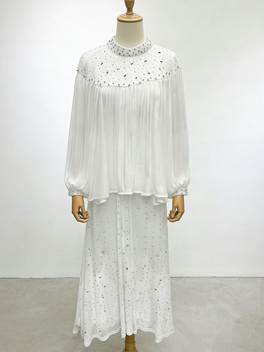 Isadora Mesh Lantern Sleeve Rhinestone Two Piece Set