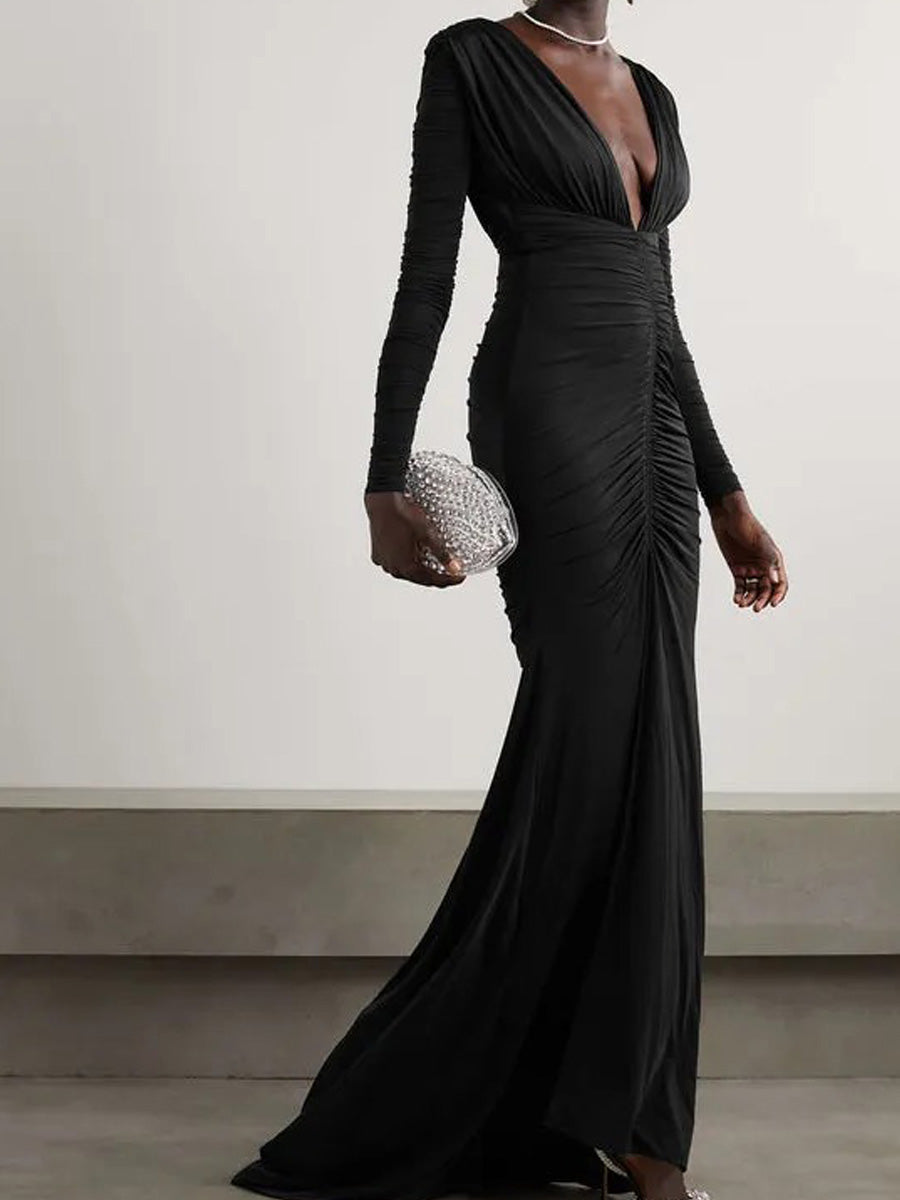 Azaria Deep V Long Sleeve Maxi Dress